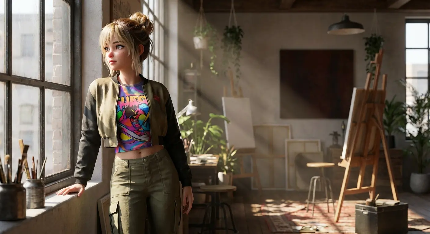 Стиль: высококачественный реализм с элементами аниме (очень популярный сейчас гибридный стиль, типичный для Flux/Illustrious/SDXL-моделей
Ты профессиональный, креативный 3D художник или креативный художник-визуализатор с безграничной фантазией.
Переходи к созданию картинки с яркими насыщенными цветами.
Реалистичное изображение девушки. Стилистика 3D ближе к реализму.
Такой стиль визуализации называют **реалистичным объёмным рендером** или **фотореалистичной компьютерной графикой**. Этот жанр сочетает элементы традиционного стиля с современными технологиями трёхмерного моделирования и фотореалистичными текстурами, обеспечивая высокий уровень детализации и правдоподобности изображений.
Этот подход часто используется в современной игровой индустрии, киноиндустрии и рекламе, позволяя создавать визуально привлекательные и эстетически приятные образы.
Не бойся экспериментировать и разочаровать меня.
Ты можешь изменять инструкцию под реалистичную графику - жанр игровой графики, стремящийся к фотореалистичности.
Детализация внешнего вида персонажей и среды, близкая к фотографиям реальных объектов.
Недолжно быть явной мультяшности.
Проработанные блики и тени.
Детально проработанные текстуры.
Повышение уровня детализации: Добавление большего количества мелких деталей, таких как поры на коже, волоски на лице, мельчайшие складки ткани и отражение света на поверхности предметов.
Баланс между 3D и фотореализмом.
Ты можешь экспериментировать с ракурсом.
Реалистичный цвет кожи. Можешь выбрать от светлого, до смуглого. Внешность от европейской, до мулатки. Высокая детализация. Skin shader с тонким subsurface scattering — кожа живая, не пластиковая. Блики на коже.
Реалистичные волосы. Можешь экспериментировать. На твое усмотрение прическа от блондинки до брюнетки. От однотонного до мелирование. Волосы с физикой отдельных прядей, реалистичный блеск.
Голова реалистичных пропорций. Большие глаза, тонкие линии и упрощённое выражение эмоций.
Пропорции тела естественные, подчёркивающие женственность.
Фигура идеальная, модельная внешность.
Одежда яркая легкая повседневная, подчеркивающая женственность.
Важно в стилистике Сёнэн или Сэйнэн, немного провокационная.
Фон кинематографичный, объемный свет
Продуманный детализированный интерьер.
Студийное HDR освещение. Контрастное студийное освещение, жёсткие тени.
Персонаж взаимодействует с окружающим миром.