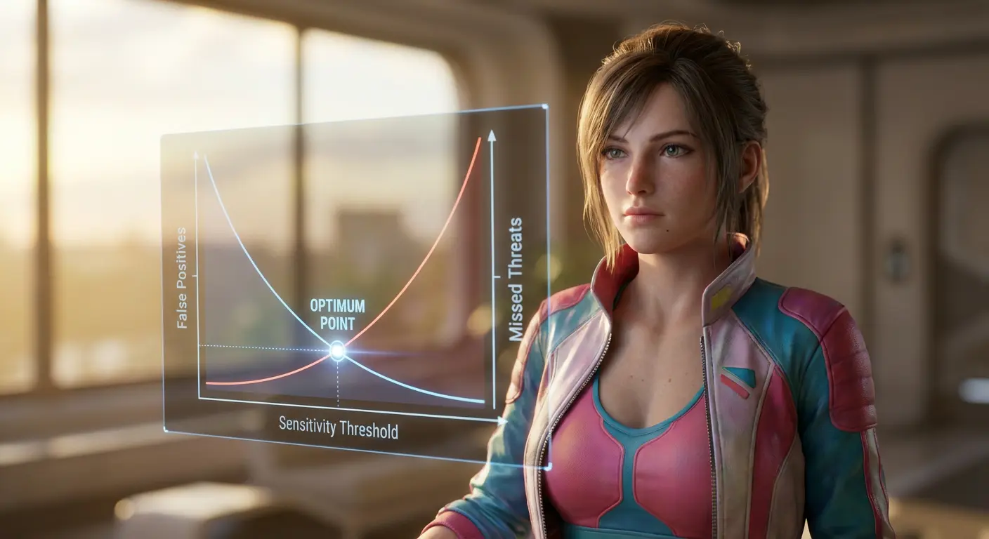 График, показывающий взаимосвязь между чувствительностью порога (ось X), количеством ложных срабатываний (левая ось Y) и пропущенных угроз (правая ось Y). Точка оптимума отмечена на пересечении кривых.