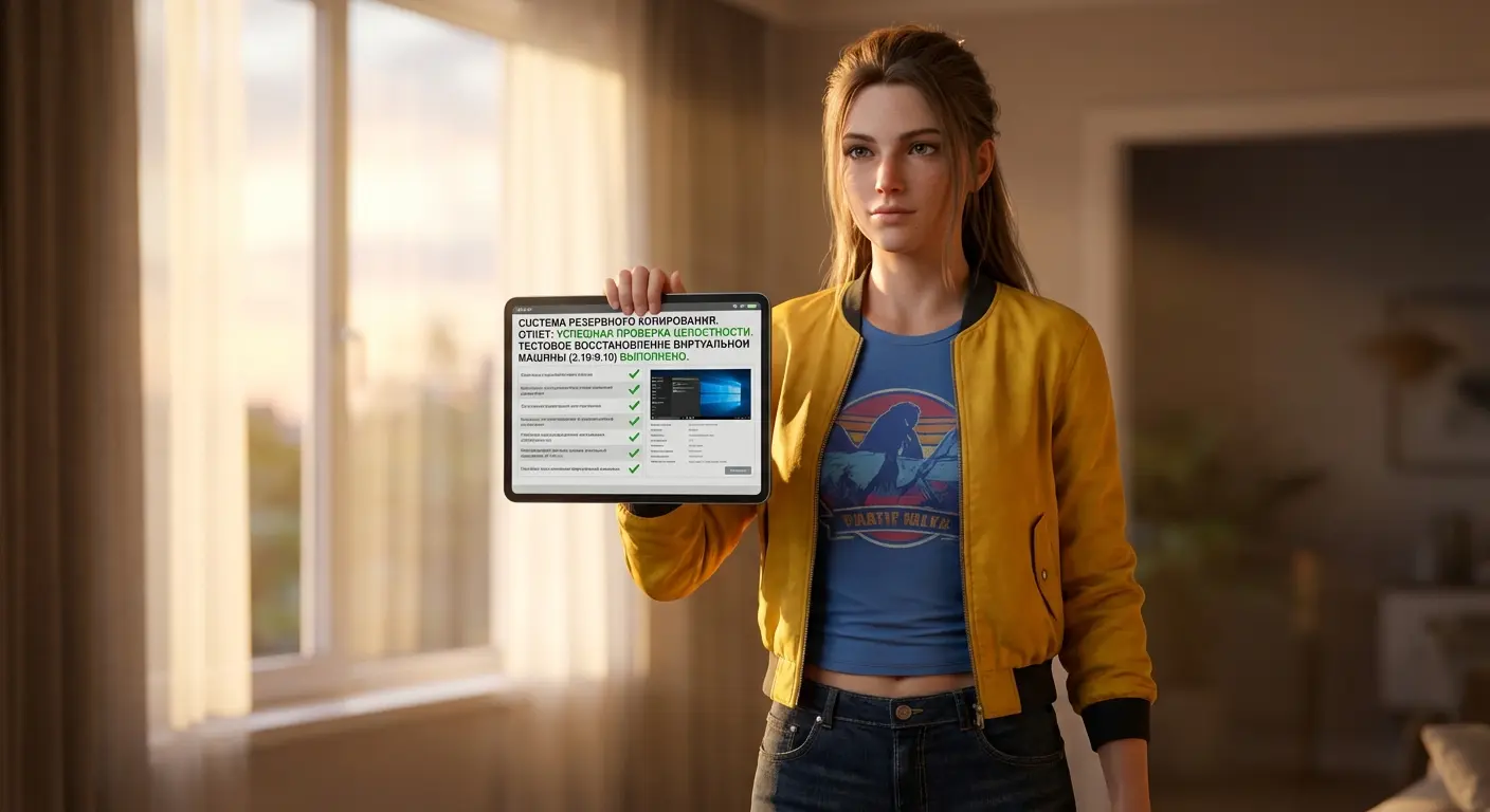 Чек-лист или скриншот отчёта из системы резервного копирования с отметками об успешной проверке целостности и тестовом восстановлении виртуальной машины за прошлую неделю.