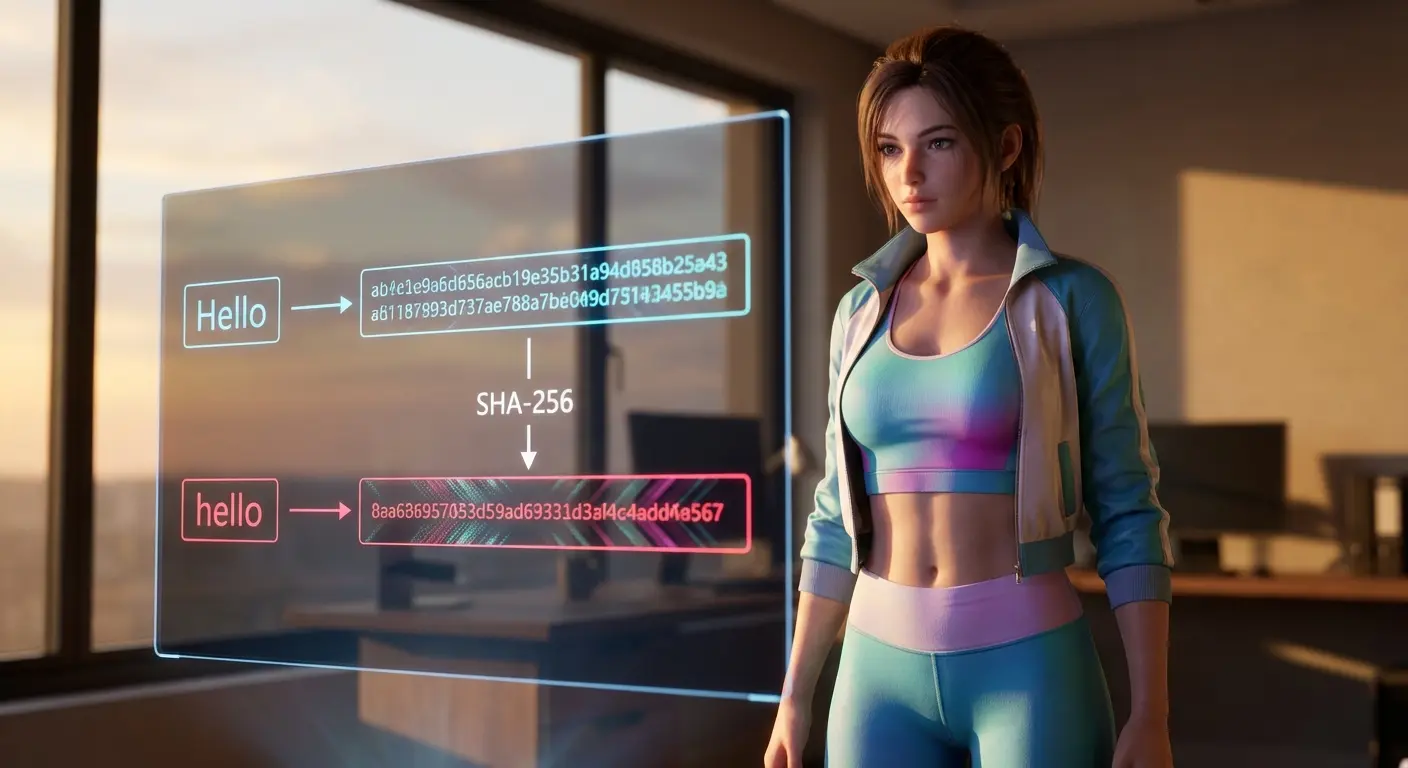 Схема, показывающая, как изменение одного символа в слове "Hello" на "hello" приводит к совершенно разным хэш-суммам SHA-256.