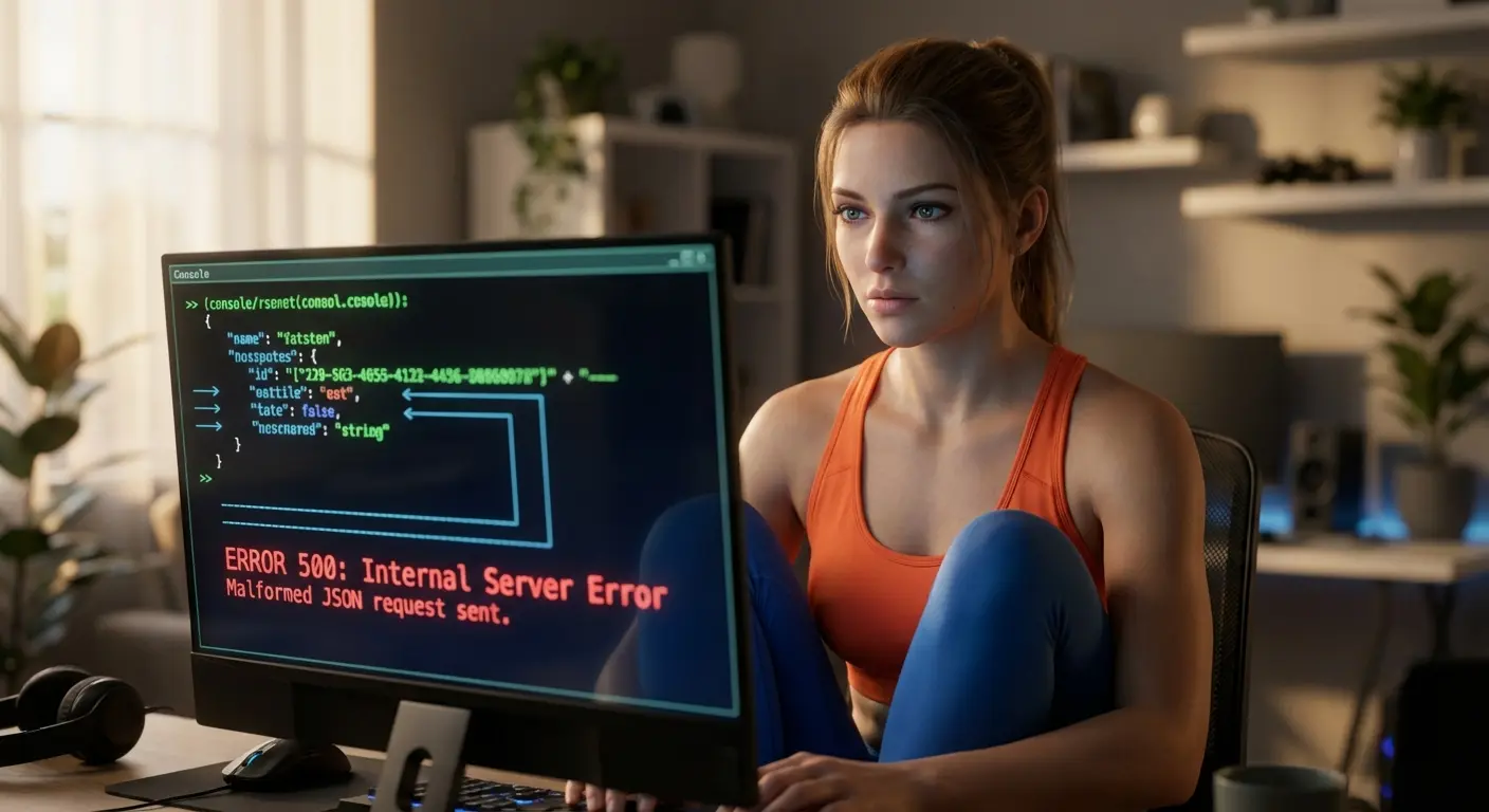 Пример консольного вывода инструмента фаззинга, показывающего отправку искажённого JSON-запроса и получение ответа с ошибкой 500