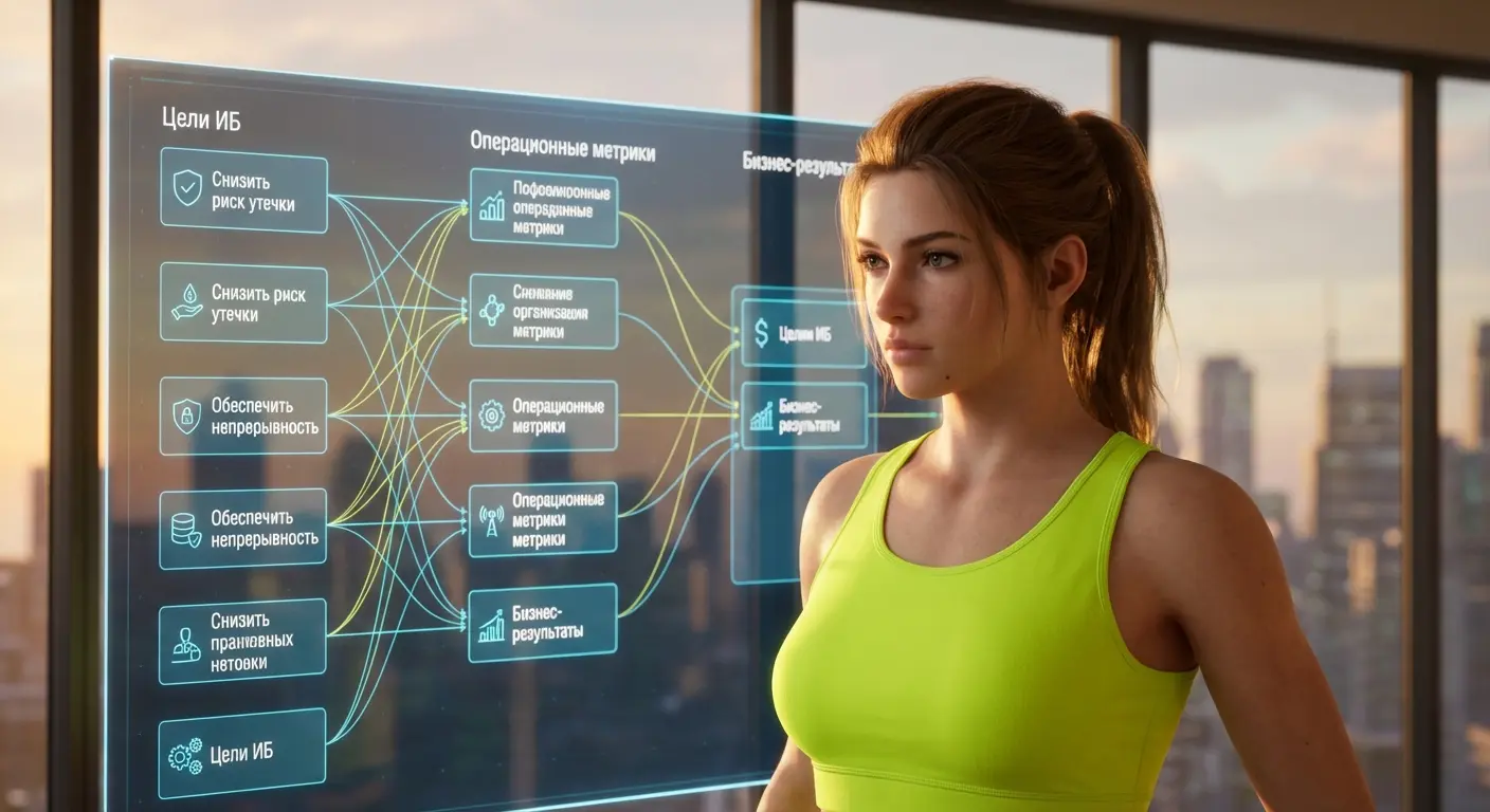 Стратегическая карта (strategy map), связывающая цели ИБ (снизить риск утечки, обеспечить непрерывность) с операционными метриками и итоговыми бизнес-результатами.