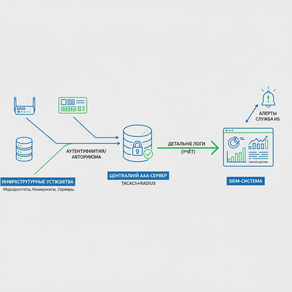 Схема централизованной AAA-архитектуры: сетевые устройства и серверы обращаются к центральному серверу TACACS+/RADIUS. Сервер AAA передаёт детализированные логи в SIEM-систему для анализа и генерации оповещений.