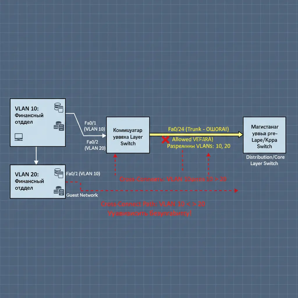 Схема, показывающая, как ошибочно настроенный транковый порт на коммутаторе уровня доступа объединяет сегменты VLAN для финансового отдела и гостевой сети, создавая сквозной путь.