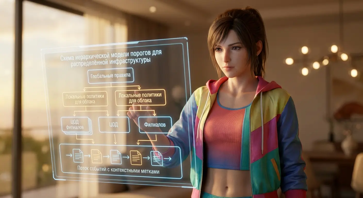 Схема иерархической модели порогов для распределённой инфраструктуры, показывающая глобальные правила, локальные политики для облака, ЦОД и филиалов, и поток событий с контекстными метками.