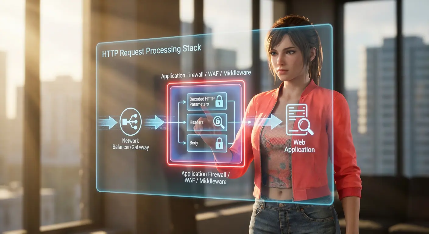 Схема, показывающая место фильтрации на уровне приложения (Application Firewall / WAF / Middleware) в стеке обработки HTTP-запроса между сетевым балансировщиком/шлюзом и самим веб-приложением, с акцентом на анализ decoded HTTP-параметров, headers и body.