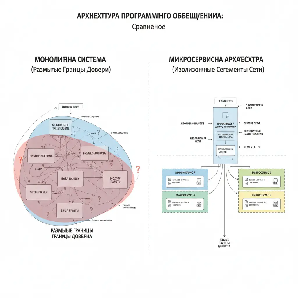 Схема, показывающая разницу между монолитной системой с размытыми границами доверия и микросервисной архитектурой с единым шлюзом авторизации и изолированными сегментами сети