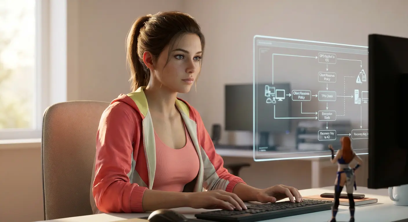 Схематичное отображение цепочки: GPO применяется к OU → Клиент получает политику → Проверяется TPM → Запускается шифрование → Ключ восстановления сохраняется в AD