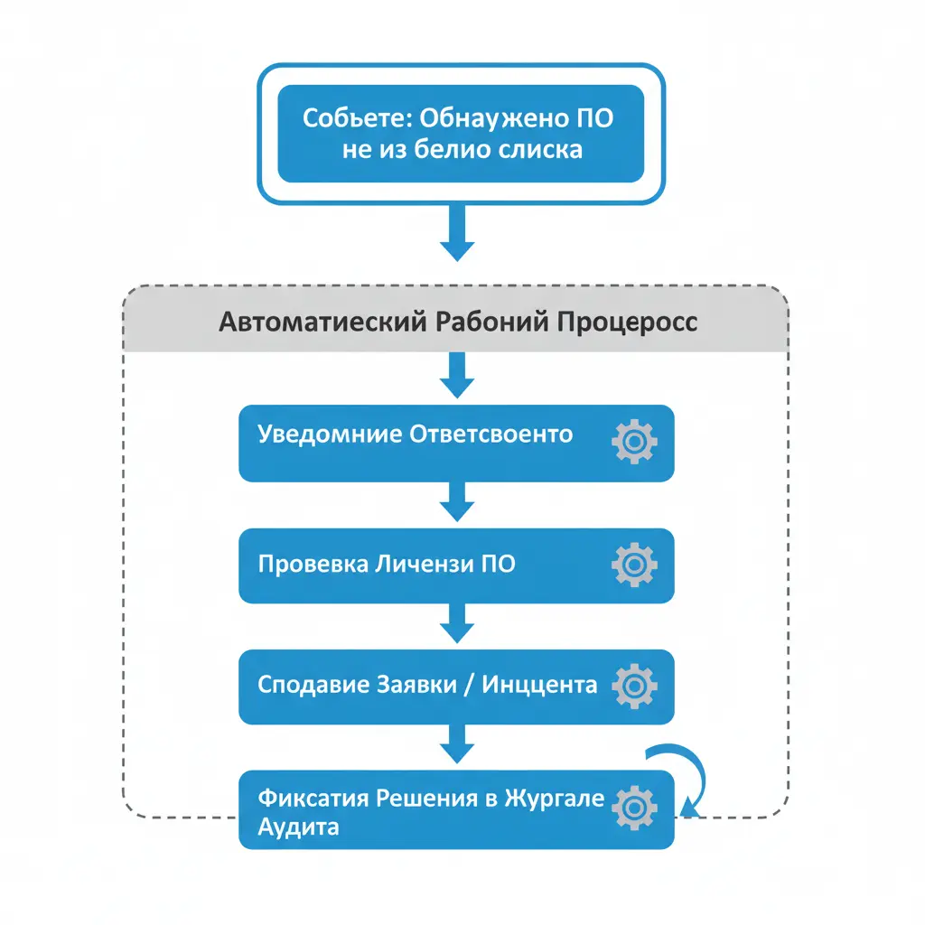 Диаграмма, показывающая, как событие «Обнаружено ПО не из белого списка» автоматически инициирует рабочий процесс с уведомлением ответственного, проверкой лицензии, созданием заявки и фиксацией решения в журнале аудита.
