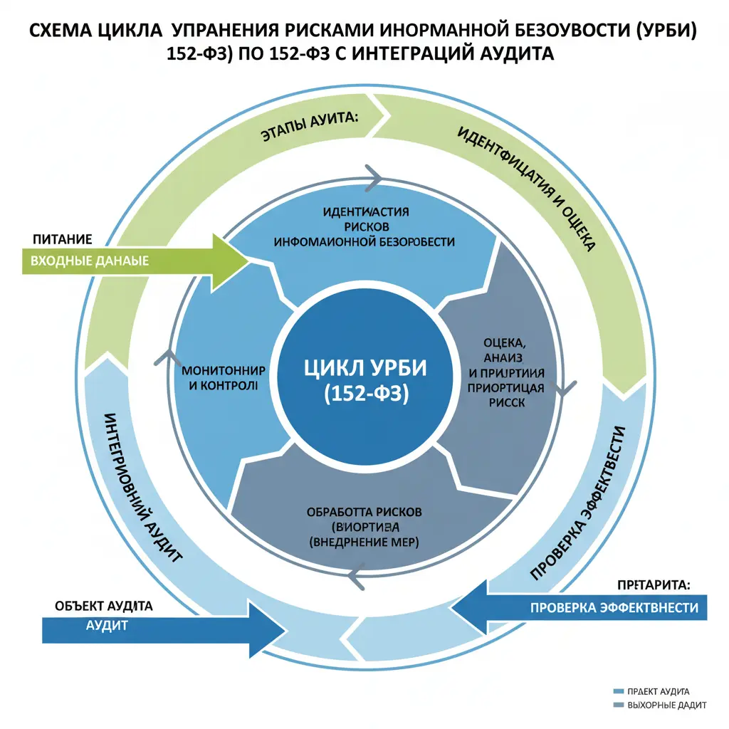 Схема цикла УБИ по 152-ФЗ с интегрированными этапами аудита: идентификация и оценка рисков на основе данных аудита, принятие решений, внедрение мер (реализация рекомендаций), мониторинг и анализ (проверка в следующем аудите).