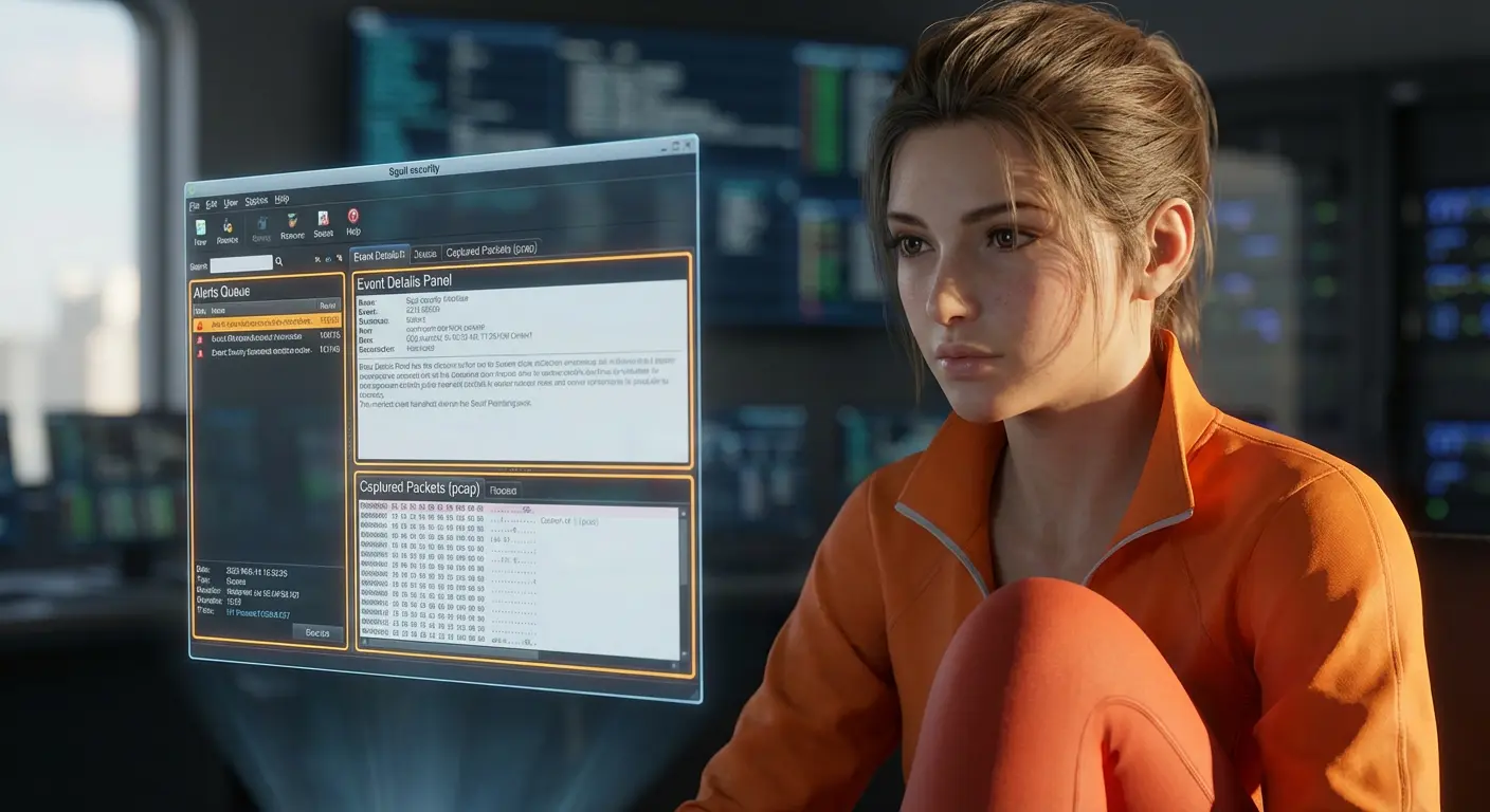 Скриншот интерфейса Sguil с выделенными основными элементами: очередь алертов, панель деталей события, вкладка с захваченными пакетами (pcap).