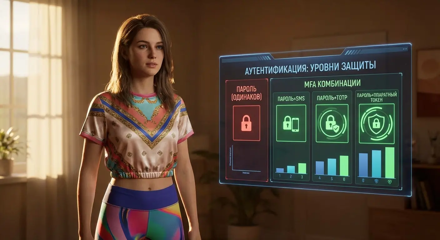 Инфографика, сравнивающая защищённость однофакторной аутентификации (пароль) и различных комбинаций MFA (пароль+SMS, пароль+TOTP, пароль+аппаратный токен).