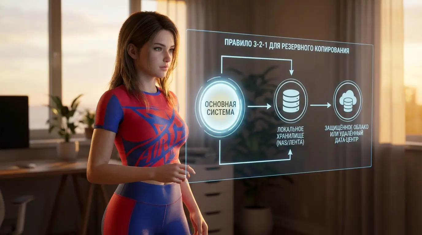 Схема, иллюстрирующая правило 3-2-1 для резервного копирования: основная система ведёт репликацию на локальное хранилище (NAS/лента), откуда копия транспортируется в защищённое облако или удалённый дата-центр.