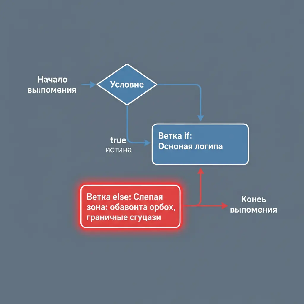 Диаграмма, показывающая граф выполнения кода с двумя ветками if/else, где ветка else выделена красным и подписана "Слепая зона: обработка ошибок, граничные случаи"