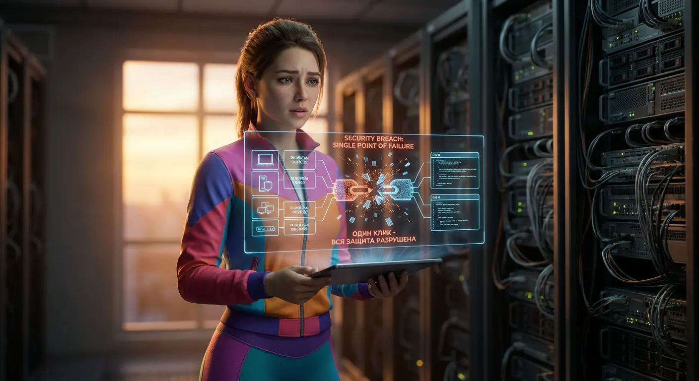 Схема, показывающая слои безопасности от физического уровня до кода, с разрывом в одном звене, сводящим на нет всю защиту.