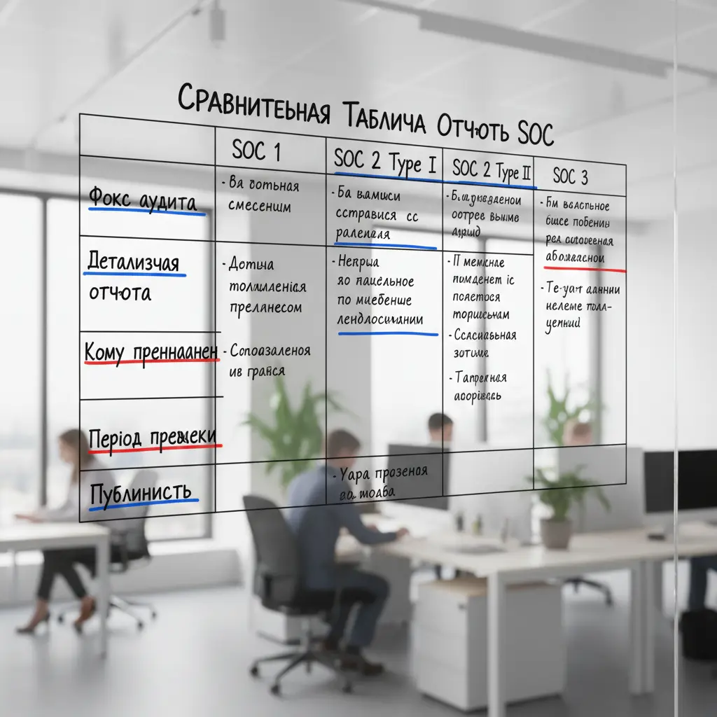 Сравнительная таблица отчётов SOC 1, SOC 2 Type I/II, SOC 3: фокус аудита, детализация отчёта, целевая аудитория, период проверки, публичность.