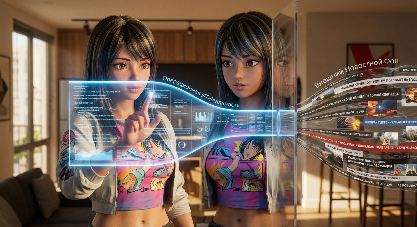 Диаграмма с двумя параллельными потоками, демонстрирующая независимость операционной ИТ-реальности от внешнего новостного фона.