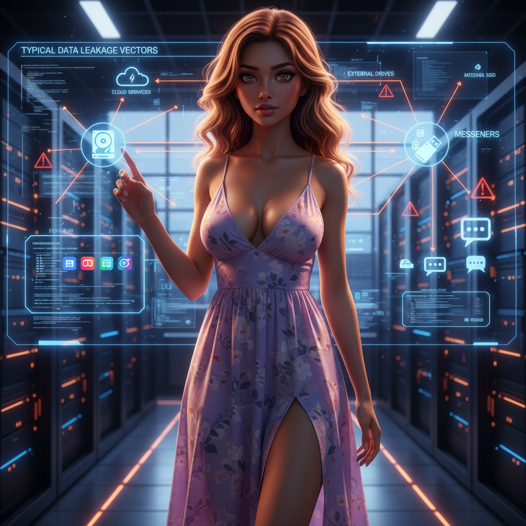 Схема типичных векторов утечки данных через внешние накопители, облачные сервисы и мессенджеры.